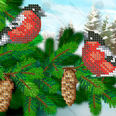 фото: картина, вышитая бисером, Пара снегирей