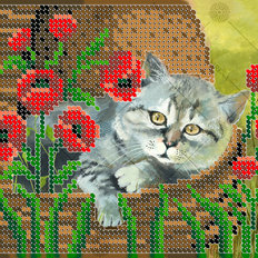 фото: картина, вышитая бисером, Серый кот