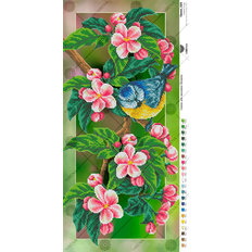 фото: картина, вышитая бисером, Панно Синица и яблоневый цвет