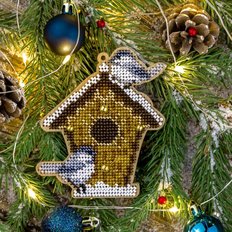 фото: набор для вышивки бисером по дереву, ёлочное украшение, Птичий домик
